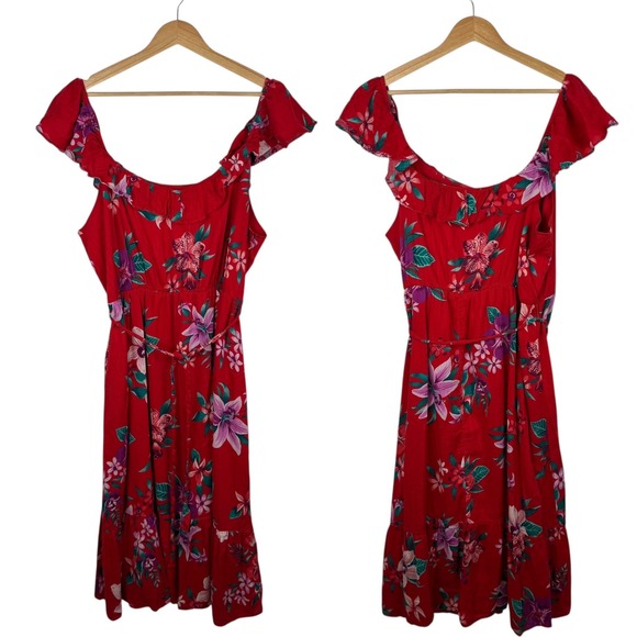 Old Navy Womens Red Floral Cami Midi Dress Sz XL Ruffle Tropical Vacation Summer - Picture 1 of 11